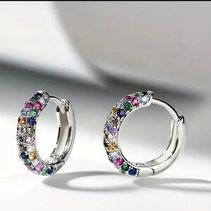 1 Pair Colorful Cubic Zirconia Hoop Huggie Silver Earrings NWOT